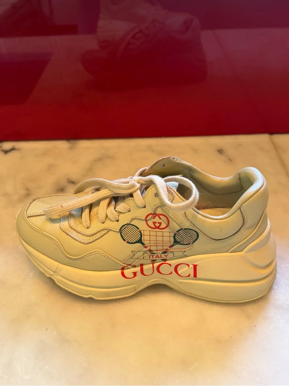 Vintage Sample Gucci Rhyton Cream Leather Tennis Shoes with Crossed Racket Logo